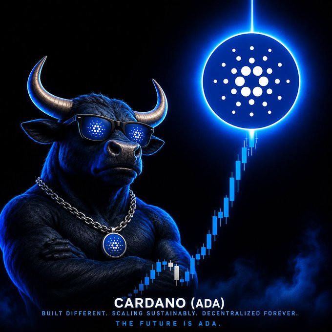 A stylized bull wearing sunglasses with the Cardano logo and a matching medallion stands with crossed arms against a black background, accompanied by the Cardano (ADA) symbol, a rising candlestick chart, and the text 'BUILT DIFFERENT. SCALING SUSTAINABLY. DECENTRALIZED FOREVER. THE FUTURE IS ADA.'
