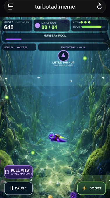 A screenshot from the mobile game turbotad.meme shows a purple tadpole swimming through an underwater "NURSERY POOL" with a score of 646, 0 out of 4 "LITTLE TADS" collected, and stage info reading "STAD 00 • VAULT 29." The image captures the first stage of the game the creator launched after building it in 24 hours, matching their post announcing the live release of Stage 1.