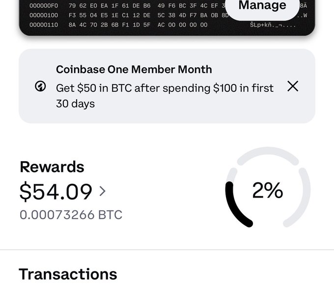 "In less than one month, @ coinbase One card placing $50 into account. This is a reward for spending money through #oneMemberMonth, specifically for paying with btc. @ coinbase one card putting in work for me."