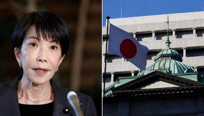 This image shows a portrait of Japan's PM Takaichi alongside the Bank of Japan building, symbolizing her backing of potential BOJ rate hikes. The post details how these hikes could strengthen the yen and impact global markets.