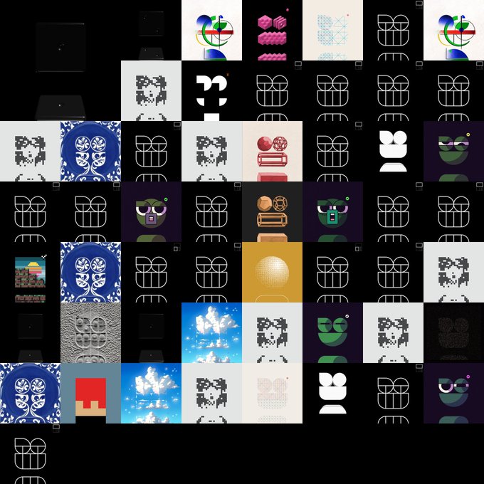 A grid collage of various graphic design tiles featuring abstract faces, pixel art, and geometric shapes in diverse styles.