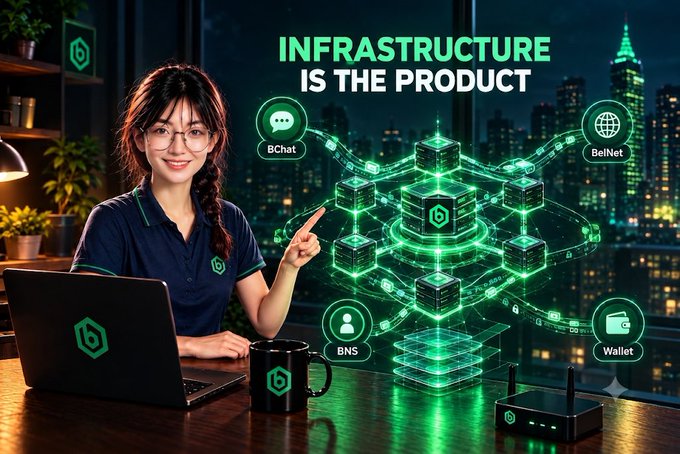 A digital illustration of a woman working on a laptop points to a glowing green 3D network diagram labeled 'INFRASTRUCTURE IS THE PRODUCT', with icons for 'BChat', 'BelNet', 'BNS', and 'Wallet'.