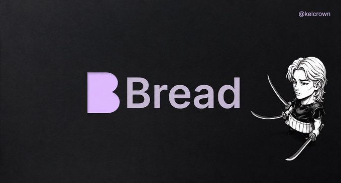 The image displays the "Bread" logo in purple on a dark background, accompanied by a chibi-style character wielding dual blades. This visually represents the Bread trading terminal mentioned in the post, which is highlighted for integrating Polymarket as its first order book for prediction market trading.