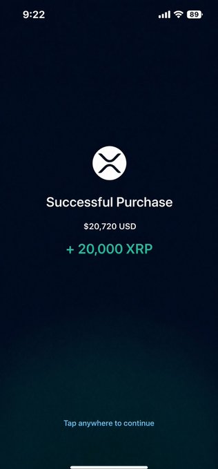 A mobile screen displays a "Successful Purchase" confirmation for 20,000 XRP at $20,720 USD, with the XRP logo above. The image visually supports the post's message about the user's recent 20,000 XRP buy and their uncertainty about the decision.