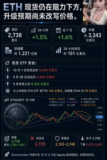 A cryptocurrency analysis dashboard in Chinese for ETH, showing a current price of '2,738 USD', a '+1.5%' 24-hour change, and a 15-minute candlestick chart for 'ETHUSDT' with technical indicators like MA7, MA14, MA28, and Bollinger Bands.