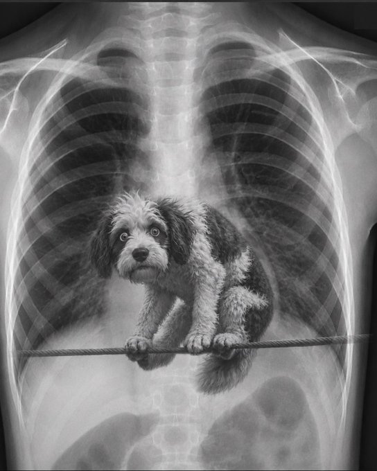 A black-and-white chest X-ray with a fluffy puppy appearing to balance on a tightrope stretched across the ribcage, paired with a tongue-in-cheek caption joking that the scan revealed surprising "moves" and big ambitions.