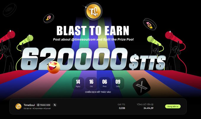 A vibrant promotional banner for TimeSoul's "Blast to Earn" campaign, highlighting a 620,000 $TTS prize pool ending in 14 days, 16 hours, 6 minutes, and 9 seconds, with the current TTS price at $0.038 and a market cap of $24,414.50. The image visually supports the post by showcasing the campaign's details, emphasizing the Web3, NFT, and reward-based aspects of the TimeSoul platform.
