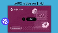 The image shows a purple card with white text that reads "X402 is live on $INJ". The card has three circles, one of which contains a number "4142" written on it. There are also two blue circles next to each other in the top left corner and a small blue circle in the bottom right corner.