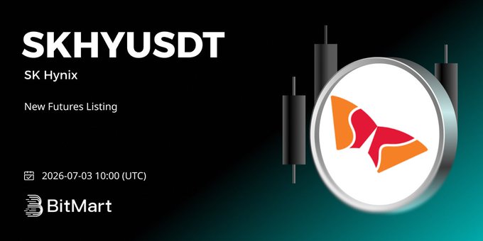 A BitMart announcement banner for 'SKHYUSDT' (SK Hynix) New Futures Listing scheduled for 2026-07-03 10:00 (UTC), featuring a stylized orange and red logo.
