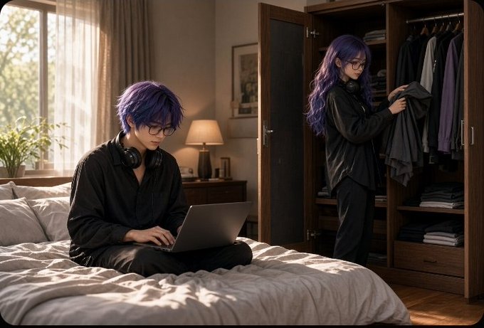 Two anime-style figures with purple hair appear in a bedroom; one with short hair works on a laptop on the bed while another with long hair organizes clothes in an open wardrobe.