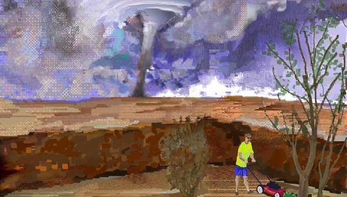 A pixelated digital artwork depicts a stormy sky with a tornado over a desert landscape, where a man in a yellow shirt mows the lawn.