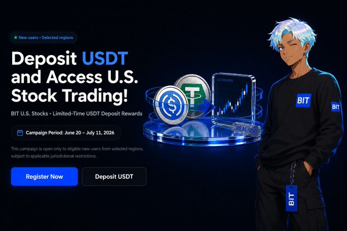 Promotional graphic for BIT cryptocurrency exchange featuring an anime-style character in BIT-branded clothing, with text 'Deposit USDT and Access U.S. Stock Trading!', 'BIT U.S. Stocks • Limited-Time USDT Deposit Rewards', and campaign period 'June 20 - July 11, 2026'.