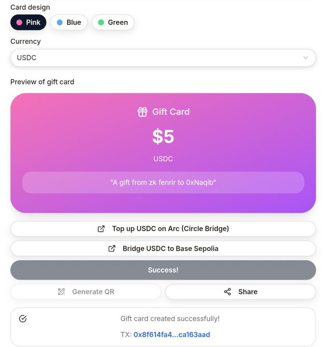 A user interface for creating a digital gift card showing a $5 USDC card with the message 'A gift from zk fenrir to 0xNaqib' and a success confirmation with a transaction hash.