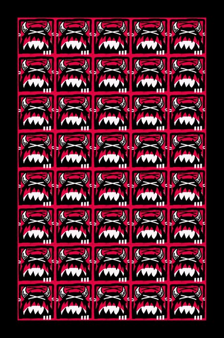A repeating pattern design featuring stylized red, black, and white creature faces with sharp teeth arranged in a grid.