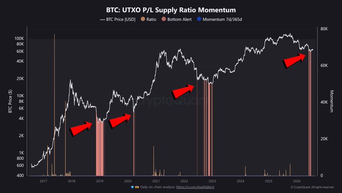 The chart displays the BTC UTXO P/L Supply Ratio Momentum alongside BTC Price (USD) from 2017 to 2026, with red arrows highlighting bottom alerts where the Momentum (74d/365d) spiked to levels above 60K, indicating potential market bottoms. The post's claim that "Bitcoin hasn't bottomed yet" is supported by the absence of a recent bottom alert spike, suggesting BTC's current price action near $70K has not yet triggered the historical bottom signal seen in 2018, 2020, and 2022.
