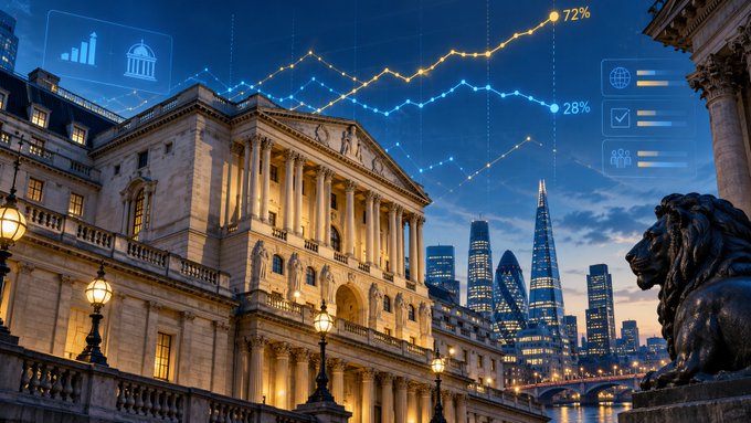 The Bank of England beside London’s financial skyline, overlaid with translucent financial charts, percentages, and market-related interface graphics.