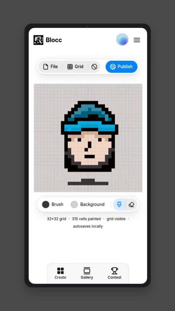 The image shows a smartphone screen displaying an app called "Bloc" with a picture of a person's face as its main feature. Below the image, there are several buttons that provide options for users to interact with the app or browse through different content related to the Bloc project. The post encourages people to participate in the contest and highlights the unique aspect of pixel art, which allows users to create their own artwork using a grid system.