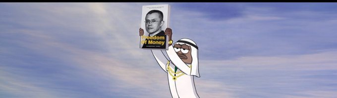 The image features an animated character dressed in traditional Arab attire holding up a framed photograph of a person labeled "Wisdom & Money," set against a cloudy sky background. The visual ties into the post's promotion of trust in @BNBCHAIN and @mubarak_cto, with the "$MUBARAK" token reference likely symbolizing the user's support and endorsement, using the "Wisdom & Money" portrait as a playful nod to their confidence in the project.