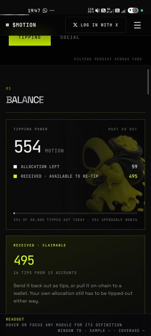 The image shows a SMOTION app "Tipping" balance screen displaying a balance of 554 MOTION, with 495 received from 16 tips across 15 accounts, alongside text indicating that the user's allocation must be tipped out to others before it can be re-claimed. This relates to the post's question about how the tipping allocation works on the Motion/SMOTION platform, showing the user has tips available but needs to tip out their allocation to others to redistribute the balance.