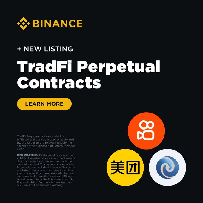 The image is a Binance promotional graphic featuring a black background with the Binance logo, announcing "NEW LISTING" of "TradFi Perpetual Contracts" with a "LEARN MORE" button, alongside icons for Kuaishou (a camera/film logo) and Meituan (美团 in a yellow circle), aligning with the post's announcement of new TradFi perpetual contracts including KUAISHOU, MEITUAN, and leveraged Samsung and SK Hynix contracts.