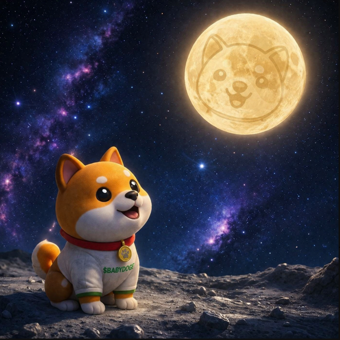 A cute Shiba Inu puppy wearing a shirt that reads "$BABYDOGE" sits on the moon's rocky surface, gazing up at a large glowing moon featuring a matching Shiba Inu face emblem—visually embodying the unstoppable rise of the $BABYDOGE crypto token.