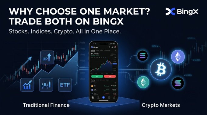 A promotional banner for the BingX trading platform with the text 'WHY CHOOSE ONE MARKET? TRADE BOTH ON BINGX' and 'Stocks. Indices. Crypto. All in One Place.', featuring a smartphone displaying the app interface.