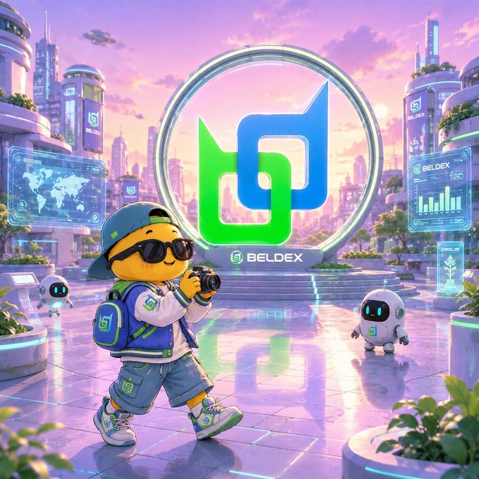 A vibrant, futuristic cityscape featuring a cartoon mascot in a blue cap and sunglasses holding a camera, with a glowing 'BELDEX' logo displayed prominently on a circular monument.