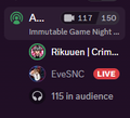 A social media screenshot showing a live stream titled 'Immutaable Game Night' with 117/150 participants, featuring users Rikueen, EveSNC, and 115 in audience.
