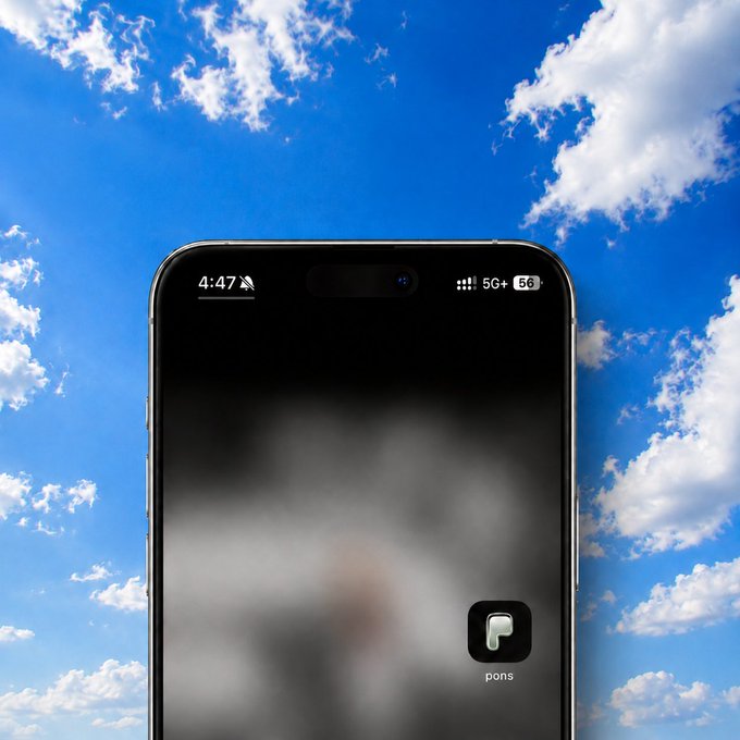 A smartphone displaying the "pons" app icon on its home screen, with a status bar showing the time 4:47, 5G connectivity, and a 56% battery level, set against a backdrop of a partly cloudy blue sky—visually echoing the "pons, in your pocket" tagline as the app sits ready for upcoming onboarding.