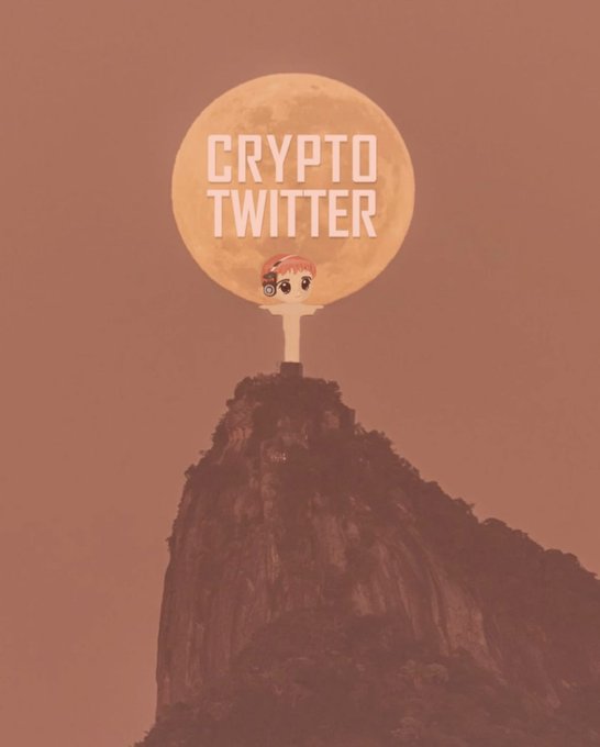 A cartoon figure stands triumphantly on a mountain peak, holding up a giant moon displaying the text "CRYPTO TWITTER." The image pairs with the caption "GM CT GM FRIENDS LET'S FKN PRINT" to evoke an optimistic, rallying spirit of bullish energy and community celebration in the crypto space.