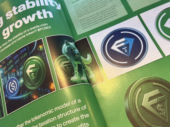 The image shows an open book with a green cover, displaying various images of coins and logos related to cryptocurrency. The book also contains text about the stability of growth in the crypto world. One of the images features a wolf standing on its hind legs, which is part of a larger collection of images showcasing different types of coins and logos.