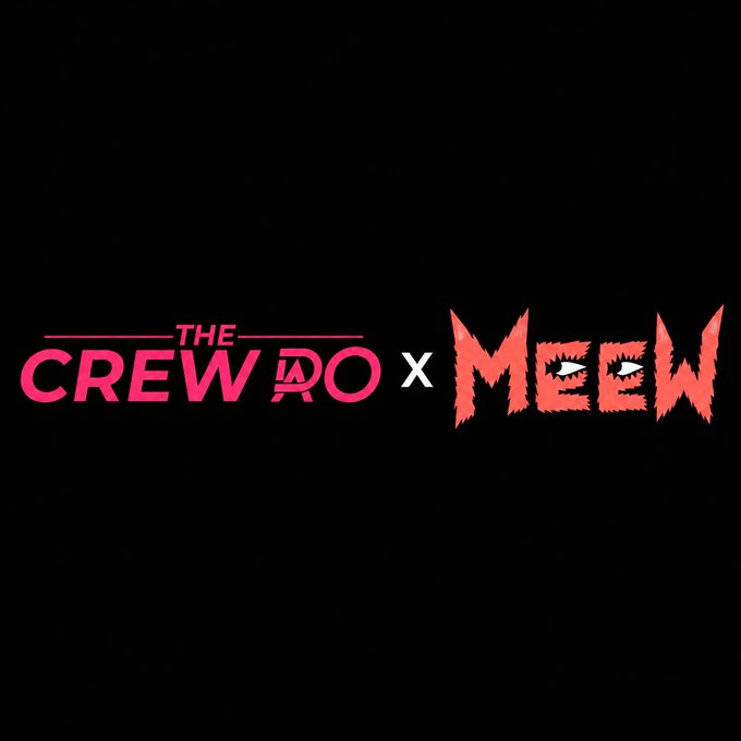 A promotional graphic on a black background featuring the logos 'THE CREW AD' and 'MEEW' separated by an 'x', indicating a collaboration.