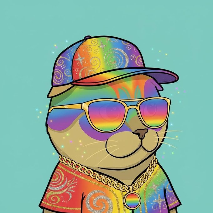 A colorful cartoon illustration of a cat wearing rainbow sunglasses, a matching cap and shirt, and a gold chain with a pride-colored pendant.