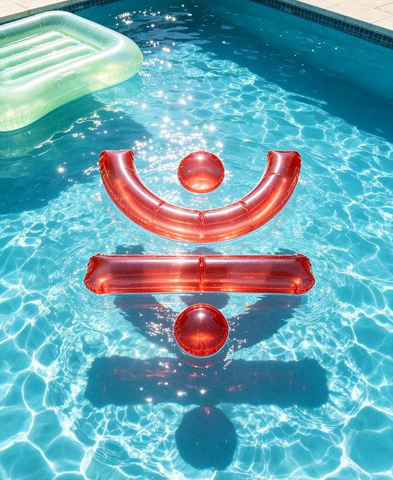 A surreal scene of a swimming pool with red inflatable shapes floating on the water arranged to resemble a face, with a green pool float in the corner.