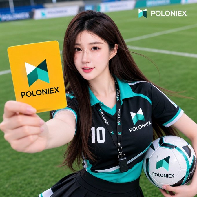 A young woman in a black and teal Poloniex-branded soccer jersey (#10) holds up a yellow Poloniex card and a soccer ball on a sports field, celebrating the Poloniex-sponsored giveaway winners who will split the 100 USDT trial bonus.