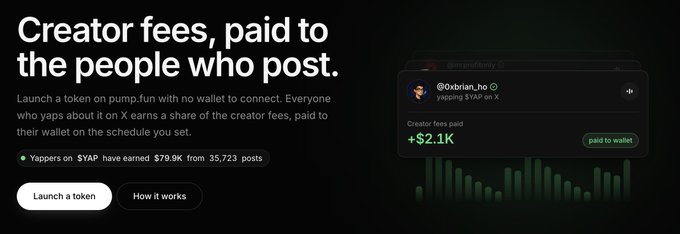 A promotional graphic with the headline 'Creator fees, paid to the people who post,' describing a token launch platform, with a tweet from @0xbrian_no and showing 'Creator fees paid: +$2.1K'.
