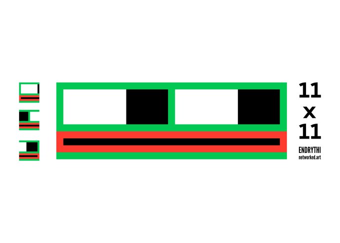 A triptych of three green-and-red bordered panels with black squares, displayed alongside "11 x 11," "ENDRYTHI," and "networked.art" text, presented as an 11x11 collaborative piece inspired by Jack Butcher and Batzdu.