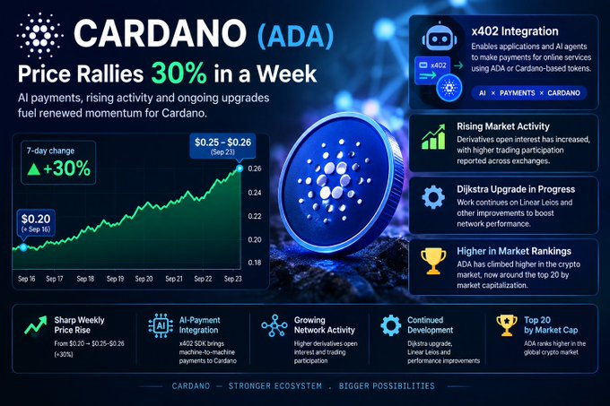 Infographic showing Cardano (ADA) price rallying 30% in a week, with a chart showing the price rising from $0.20 on Sep 16 to $0.25-$0.26 on Sep 23, highlighting x402 integration, rising market activity, Djikstra upgrades, and higher market rankings.