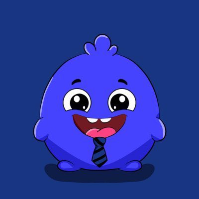 A cartoon illustration of a round, blue blob-like mascot character with large expressive eyes, a wide smile, and wearing a striped necktie on a dark blue background.