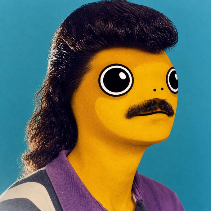 A stylized image of a yellow-skinned character with large cartoonish eyes, a mustache, and a dark pompadour-style hairstyle, wearing a purple shirt against a teal background.