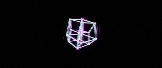 A glowing neon cube composed of pink, white, and cyan lines floats against a starry black background.