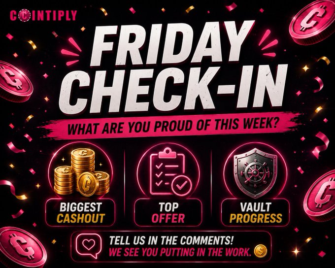 The image is a vibrant "Friday Check-In" promotional graphic by Cointiply, featuring bold pink and white text on a black background adorned with coins and confetti, encouraging users to share their weekly accomplishments including "Biggest Cashout," "Top Offer," and "Vault Progress" in the comments. The accompanying post complements the graphic by inviting community members to celebrate their achievements—cashouts, offer payouts, or Crack the Vault contributions—with hashtags like #Cointiply and #EarnCrypto.