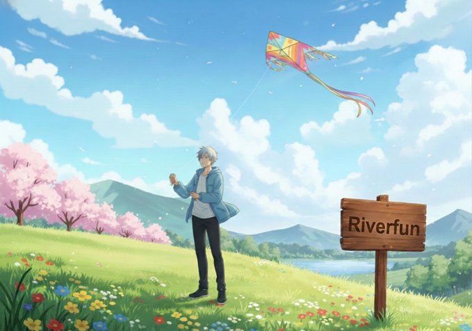 An anime-style illustration of a boy flying a colorful kite in a sunny meadow with cherry blossoms, accompanied by a wooden sign reading 'Riverfun'.