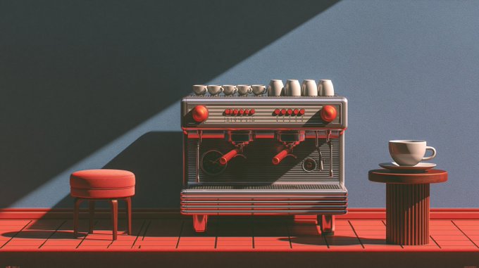 A stylized 3D render featuring a vintage espresso machine flanked by a red stool and a coffee cup on a pedestal, set against a blue wall with dramatic sunlight. The scene complements the post's teaser about an upcoming SREF (style reference) showcase, embodying the artistic aesthetic likely being shared.