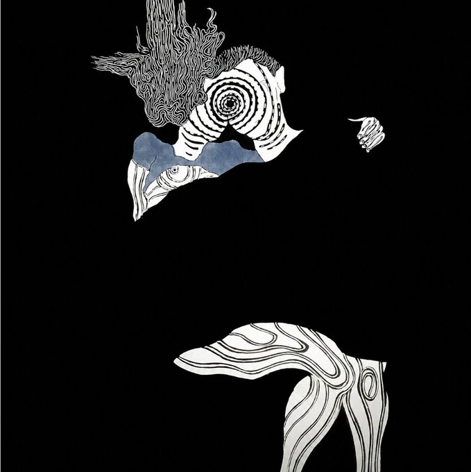 Black and white surrealist line art featuring abstract biomorphic shapes, spiraling patterns, and textured forms reminiscent of an optical illusion or kaleidoscope design.