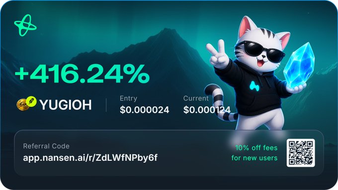 A promotional graphic for YUGIOH cryptocurrency showing +416.24% gains, with entry price $0.000024 and current price $0.000124, featuring a cartoon cat mascot and a referral code for app.nansen.ai.