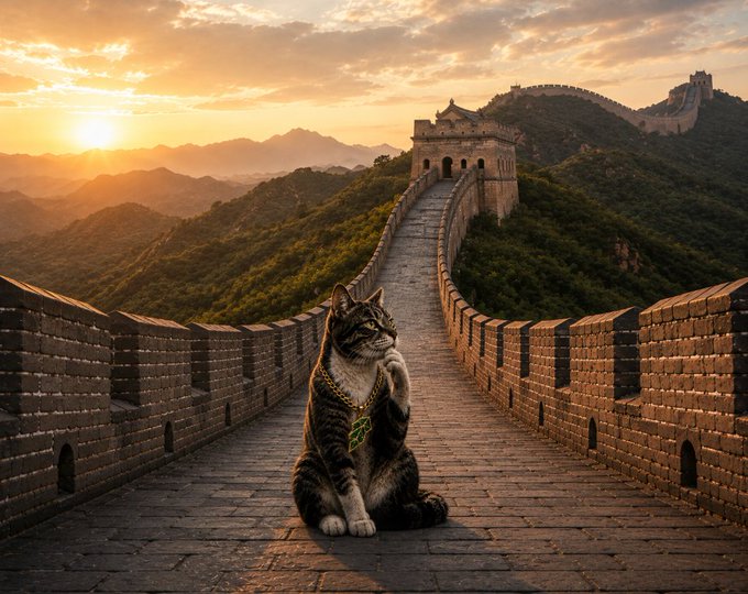 A tabby cat wearing a green pendant necklace sitting on the Great Wall of China during a golden sunset, with mountains stretching into the distance.