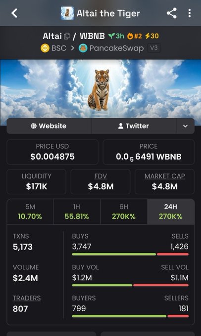 A DEXTools page for the meme token 'Altai the Tiger' (Altai/WBNB) on PancakeSwap V3, showing a price of $0.004875, $4.8M market cap, and 270K% gains over 6H and 24H.