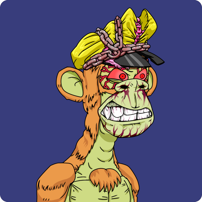 A cartoon illustration of an orange and green zombie-like monkey with red eyes, a wide toothy grin, and a yellow cap wrapped in chains, set against a dark blue background.