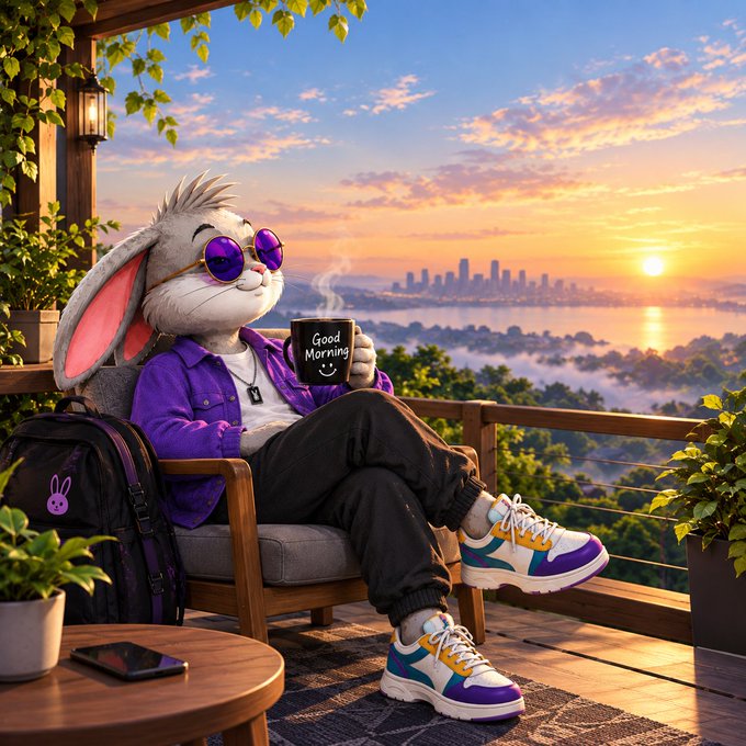 A stylish animated rabbit wearing purple shades and a matching purple jacket lounges on a balcony at sunrise, holding a mug labeled "Good Morning ☺" with a city skyline in the background. The image mirrors the post's relaxed, early-morning vibe as the user eagerly anticipates new developments from Gotchi Labs and the Sleepagotchi project, which has surpassed 500K registrations and 80K daily active users.